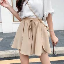 FMFSSOM летние женские шифоновые широкие брюки с высокой талией и рюшами, короткая юбка, эластичная резинка на талии, однотонные Свободные повседневные женские брюки-кюлоты