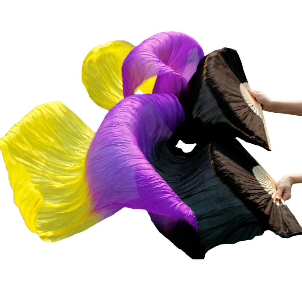 2018 High selling 100% Real Silk Veils 1 Pair handmade women Quality Silk Belly Dance Fans Dance Black + purple + yellow