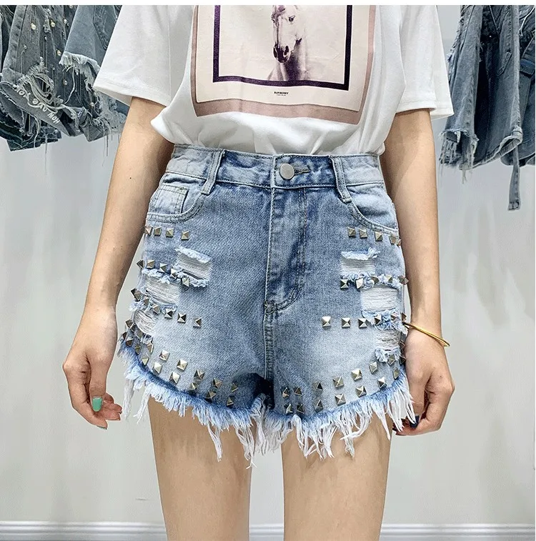 Новый корейский бойфренда Женская мода бренд Винтаж кисточкой в заклепках рваные короткие с высокой талией джинсы Панк пикантная обувь