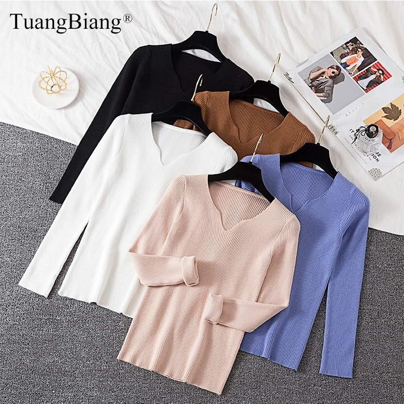 

Ladies Long sleeve Knitted Autumn Coffee Sweater Winter Basic Slim Women Soft Deep V-Neck Pullovers New Knit Elastic jumper 2019