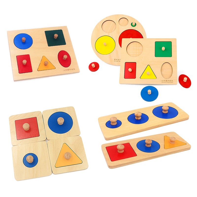 Montessori Materials Geometric Shapes Panel Board Wooden Pegged Hand Grasping Toys for Children Preschool Training Education Toy