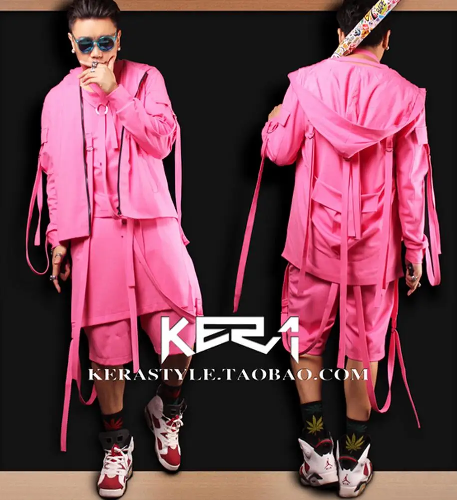 

S-4XL! 2019 NEW Men's fashion GD Beyonce Pink belt with cap jacket performance coat formal dress singer costumes clothing