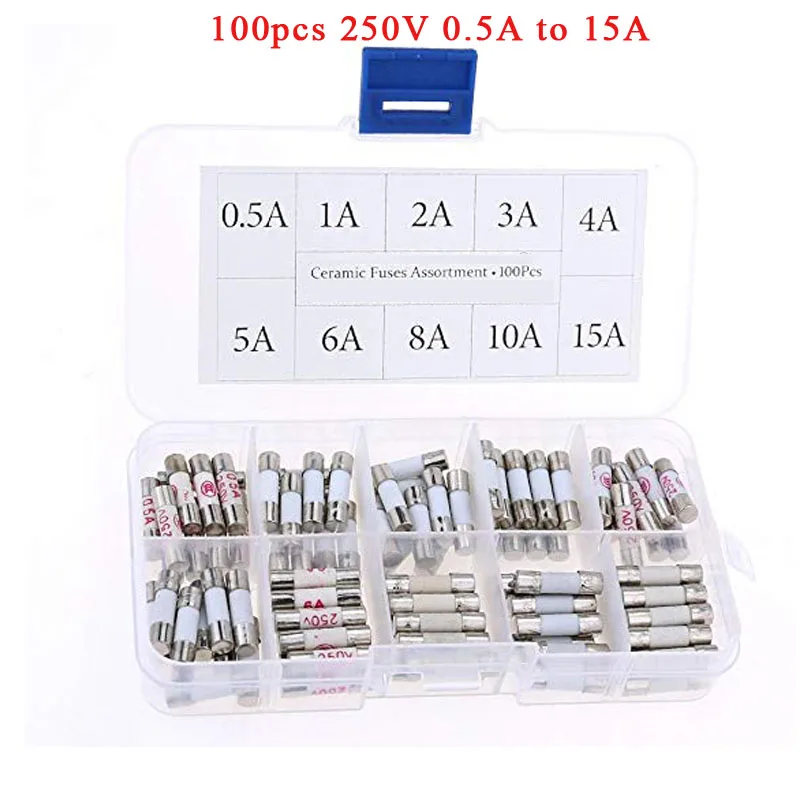 

100pcs 250V 0.5A to 15A Fast Blow Ceramic Fuses Tubes Fuses Assorted Kit 5 x 20mm