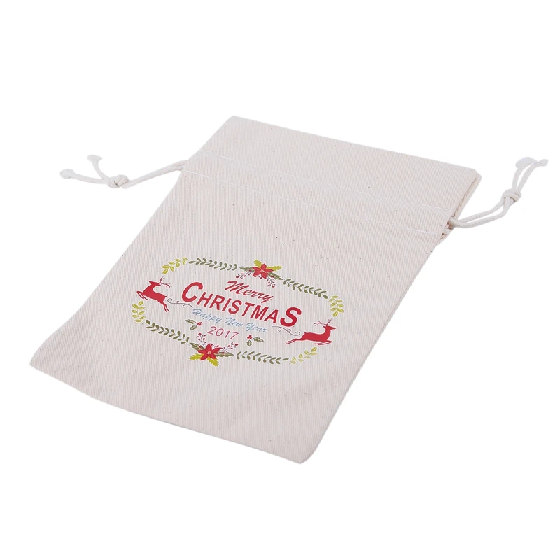 1 кремово-белый холст креативный Рождественский олень "Рождество" Сумка для хранения/сумки на шнурке/Подарочная конфетная сумка #5