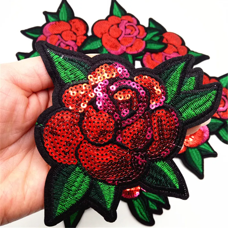 

10Pcs Rose Sequins Patches For Clothing Jeans Bag Iron On Patch Embroidered Appliques DIY Apparel Accessory Sewing Clothes Patch