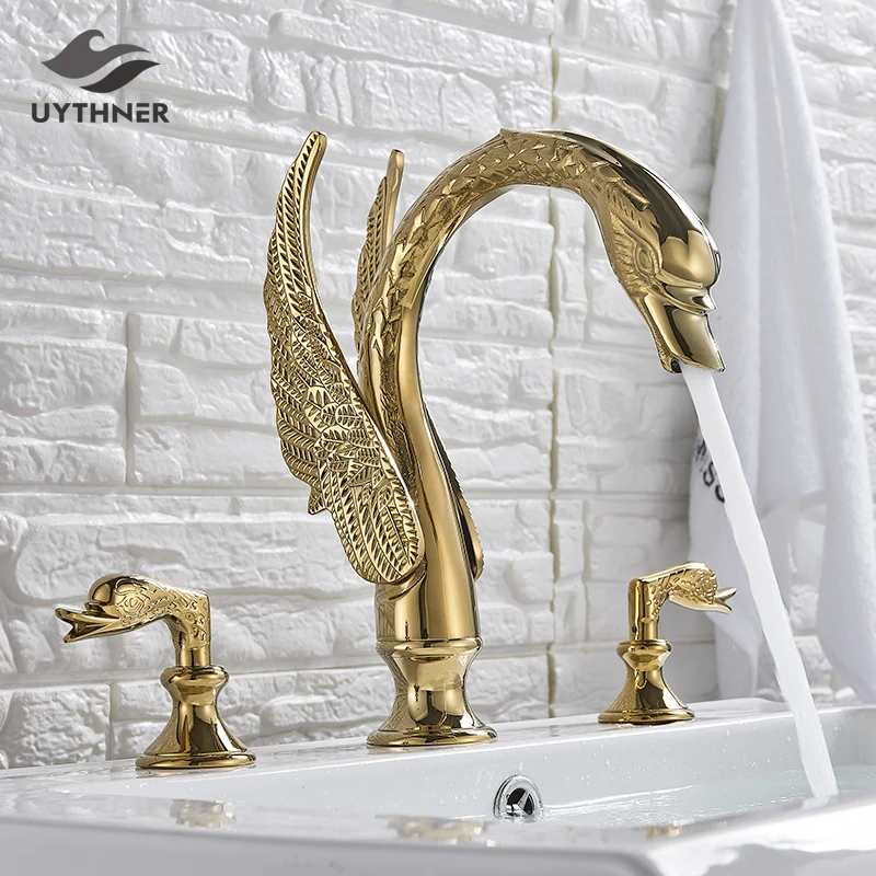 

Newly Luxury Gold 3Pcs Bathroom Sink Faucet Basin Mixer Tap Swan Style Vessel Faucet 2 Handles Bath Faucet Basin Taps Water tap