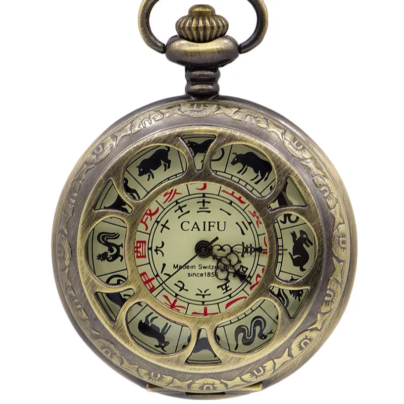 

Retro Bronze 12 zodiac hollow Copper Compass Mechanical Pocket Watch Fashion Men Women PJX1394