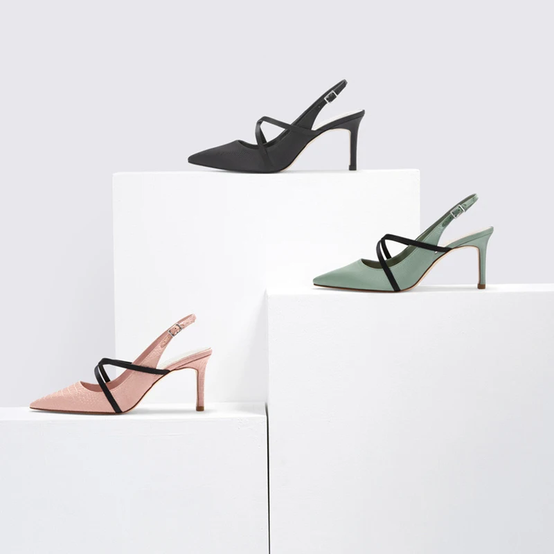 

Summer Women Sandals Cross Strap Slingbacks Kitten High Heel Satin Dress Shoes Buckle Strap Pointed Toe Snakeskin Sandals Women