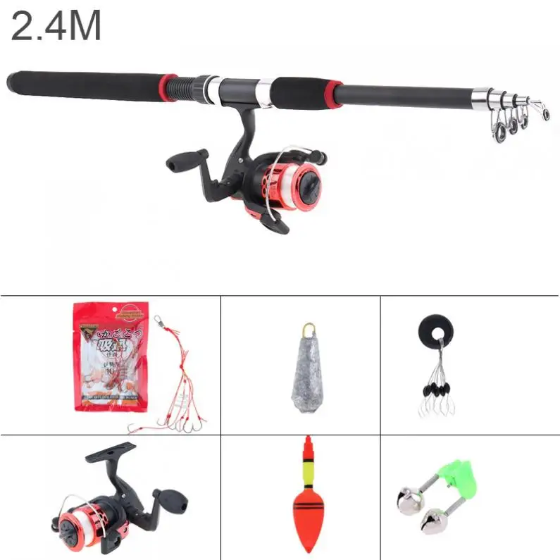 

2.4m Fishing Rod Reel Line Combo Full Kits Spinning Reel Pole Set with Fishing Float Hooks Beads Bell Lead Weight