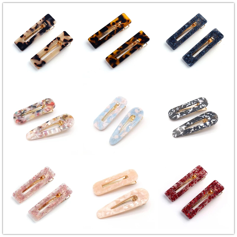 

2Pcs/Pair Women Acetic Acid Hollow Geometric Hair Clips Colored Marble Textured Duckbill Hairpins Water Drop Rectangle Barrettes