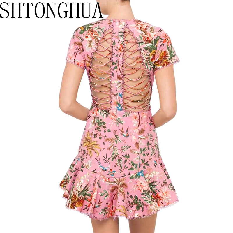 

SHTONGHUA 2019 New Summer Dress Woman Sexy cross bandage Pink Floral Printed Mini Party Dress Short Trumpet mermaid dress