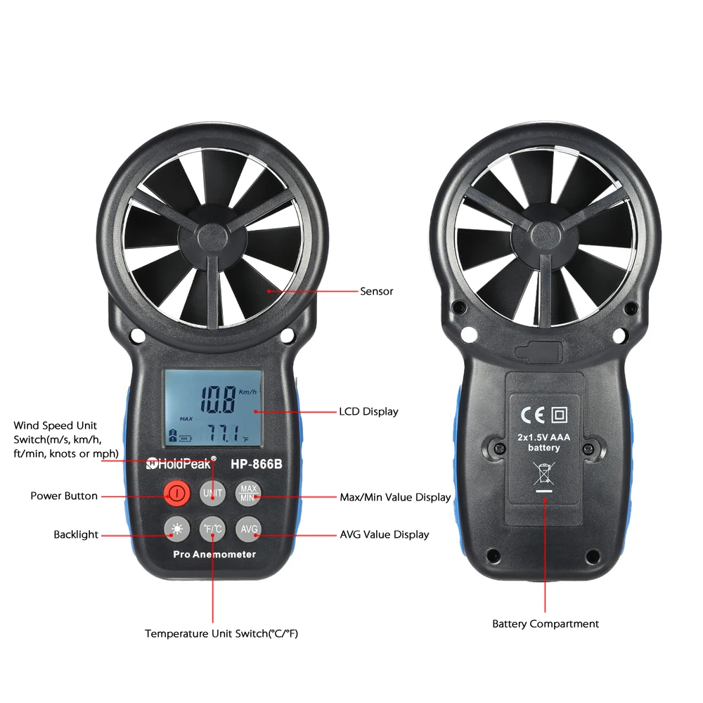 HoldPeak HP 866B Мини ЖК цифровой анемометр Скорость Ветра воздуха Измерение