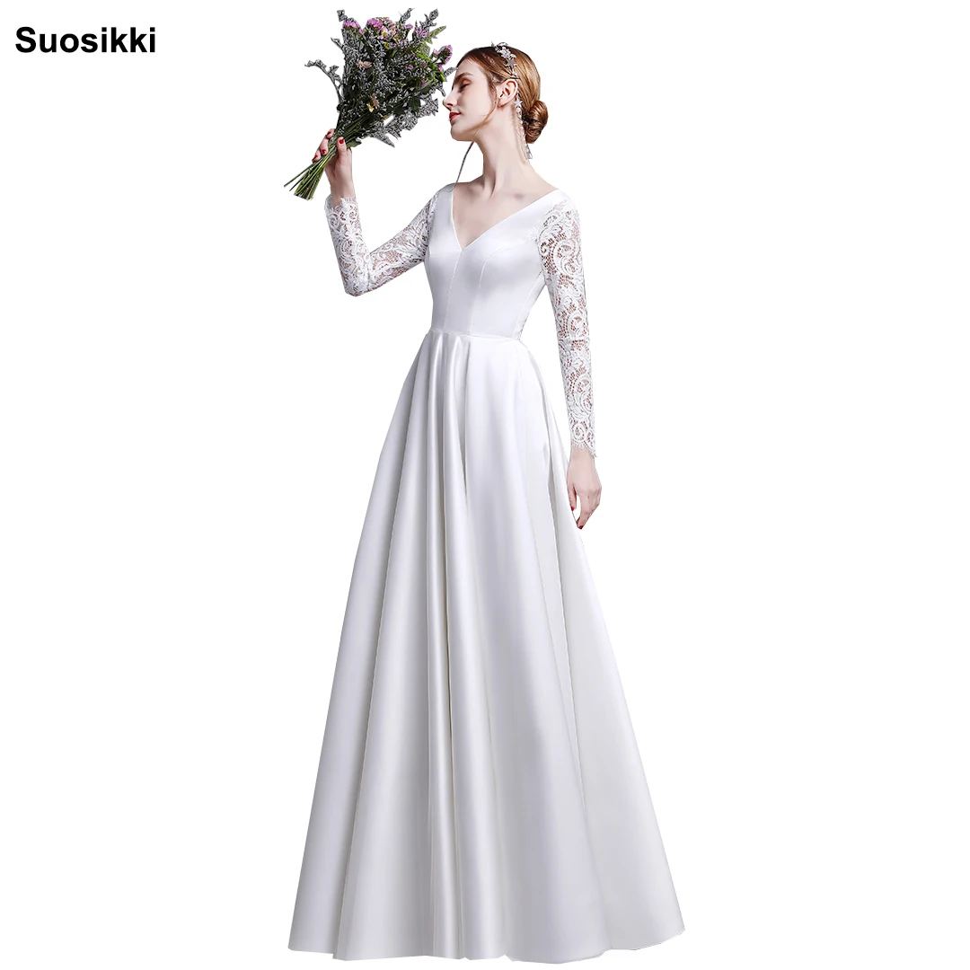 

2019 New Princess Vestido De Noiva Lace long sleeve Bridal Gowns a line stain cheap Wedding Dresses