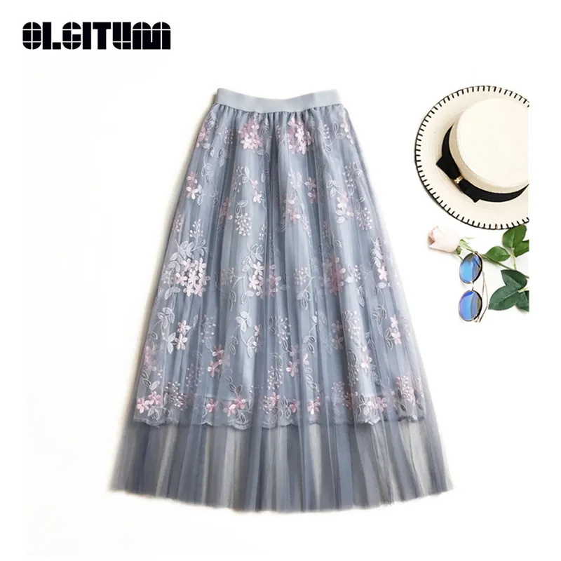 

New High Quality Elegant Long Pleated Skirt Women 2018 Summer Floral Embroidery A-line Lace Mesh Skirt Women midi skirt