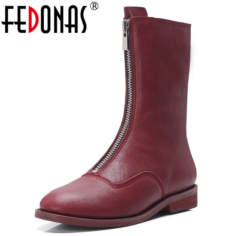 

FEDONAS New Punk Quality Sheepskin Women Mid-calf Boots Night Club Shoes Woman Round Toe Zipper Low Heels Chelsea Short Boots