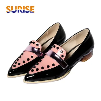 

Big Size Casual Women Loafers Flats Low Block Heels Patent Leather Office Party Autumn Pointed Toe Ladies Rivet Stud Mocassins