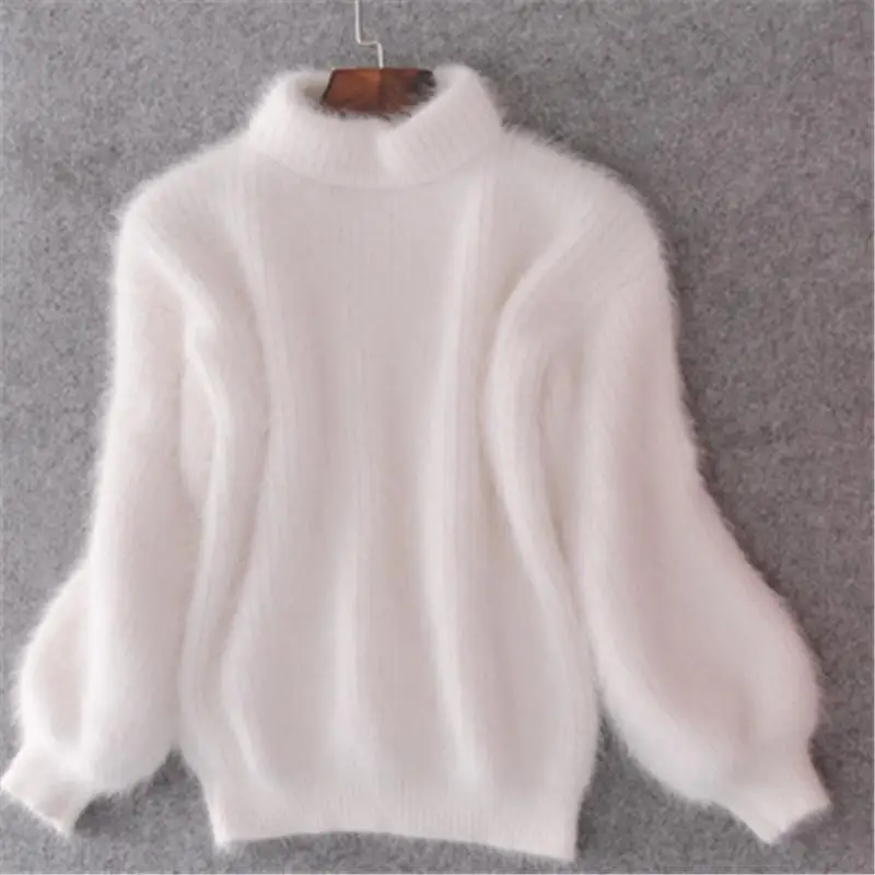 Vente 2019 hiver nouveau mode épaissi chaud col roulé Mohair femme chandail lanterne manches décontracté solide couleur mince Simple pull