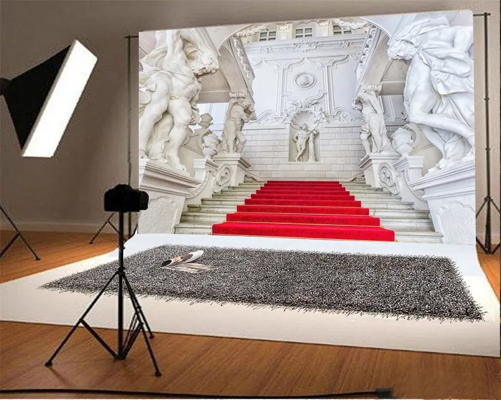 

Photography Backdrop Castle Luxury Palace European Archiculture White Carving Embossment Hand Painted Artistic Stair Red Carpet