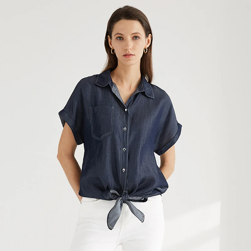 

ESCALIER Women's Button Down Short Sleeve Tie Knot Front Lapel Denim Blouse Tops Shirt