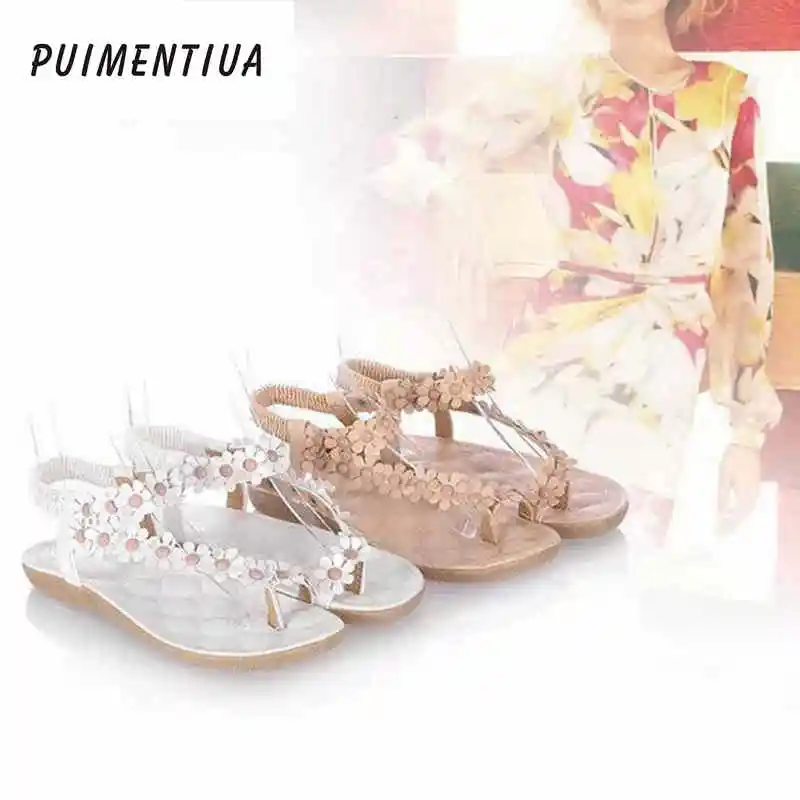 

Puimentiua 2019 Bohemian Women Sandals Tendon Flower Clips Pinched Toe Flat Shoes Non-slip Comfortable Breathable Casual Sandals