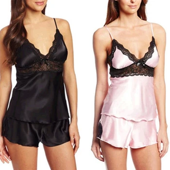 

Women Sexy Pajamas Set Floral Lace V-Neck Cami Shorts Lingerie Bowknot Sleepwear