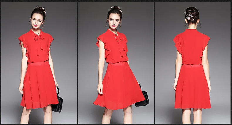 size-S/M Solid Summer Blouse Short Sleeve Ruffles Shirt Brand Red Chiffon Casual Tops With Bow B5528