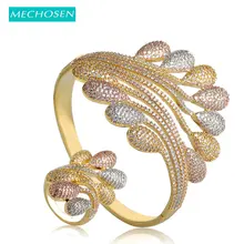 MECHOSEN нигерийские Свадебные комплекты ювелирных изделий браслет кольцо для женщин леди Bijoux 3 тона покрытые ширина перо геометрические багет браслеты