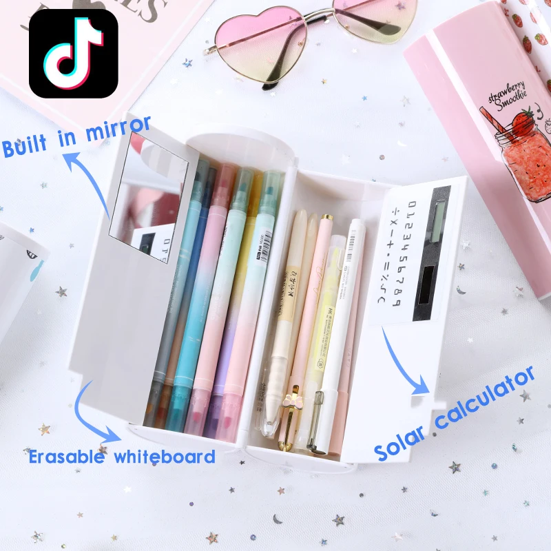 

Tik Tok Fashion Pencil Box Large Capacity Pencil Cases with Mirror Solar Calculator Functions for Boys Girls School Stationery