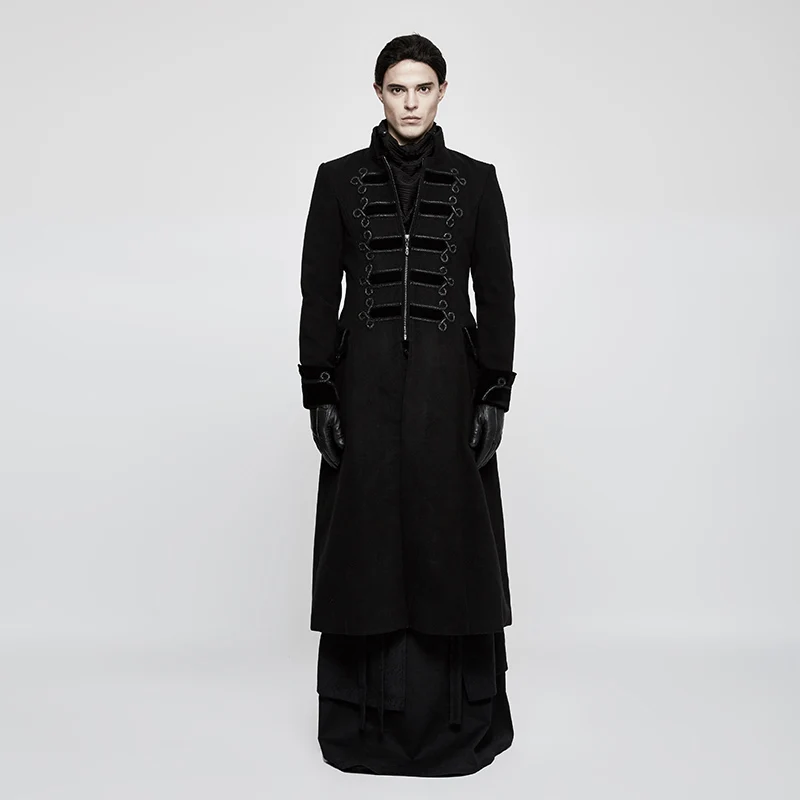 PUNK RAVE Men Gothic Coats Military Uniform Jacket  Vintage Retro Palace Style Winter Men Woolen Stage Performance Long Overcoat