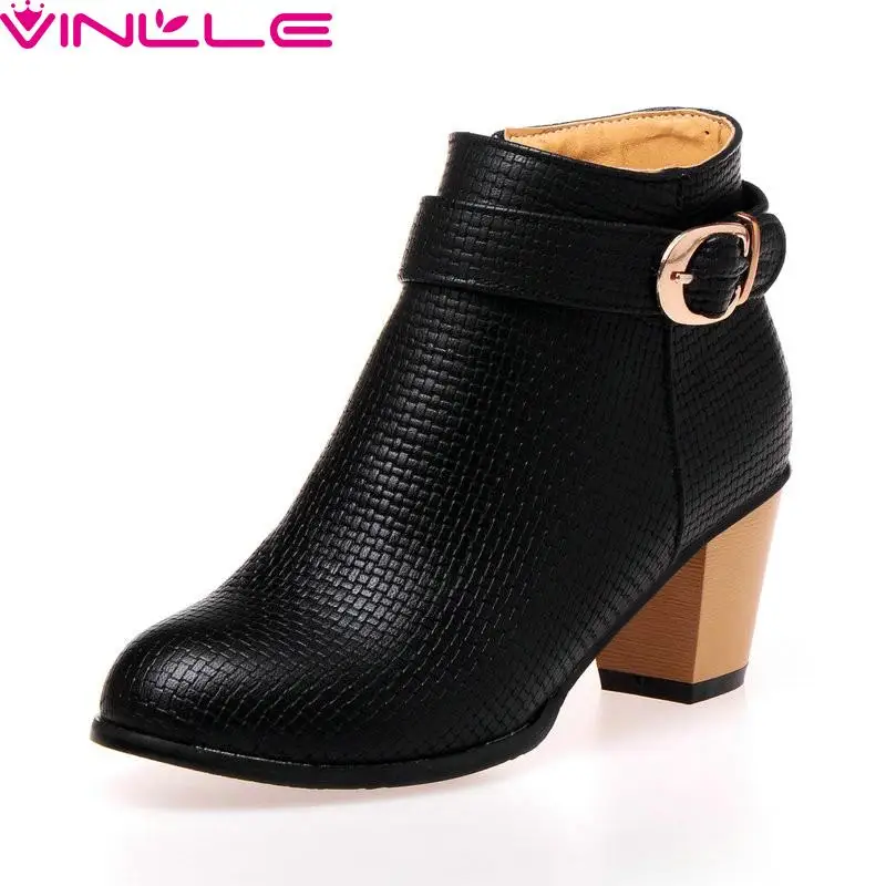 

VINLLE Women Boots New Checkered Round Toe Ankle Winter Boots Buckle Zipper Solid Square High Heels Miss Shoes Size 33-43
