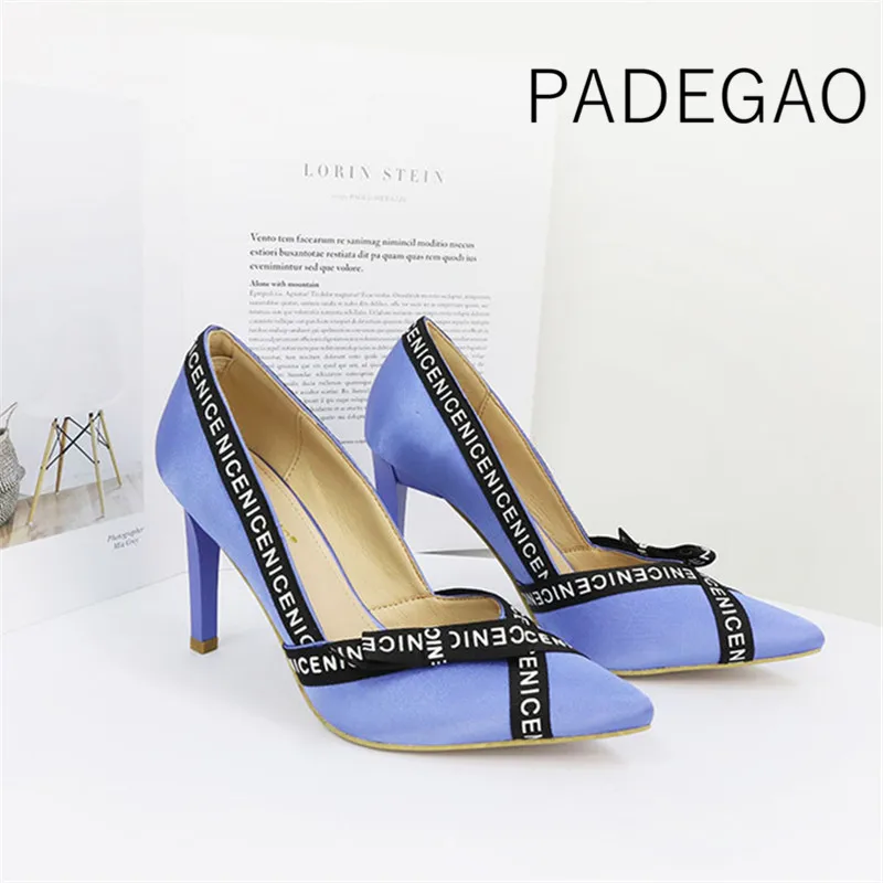 

2019 Spring Autumn New Arrival Women Bow Letter High Heels Luxury Fashion Designer Pointed Toe Pumps Shoes