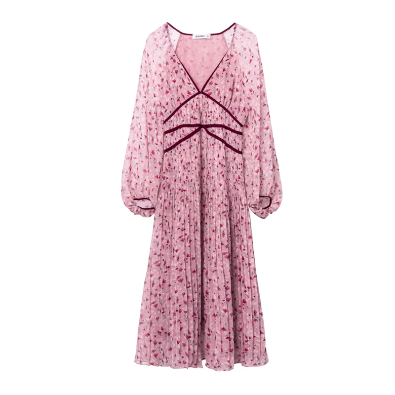 

PERHAPS U Korean version chiffon ruched apricot pink print floral v neck long sleeve maxi dress spring summer beach D1601