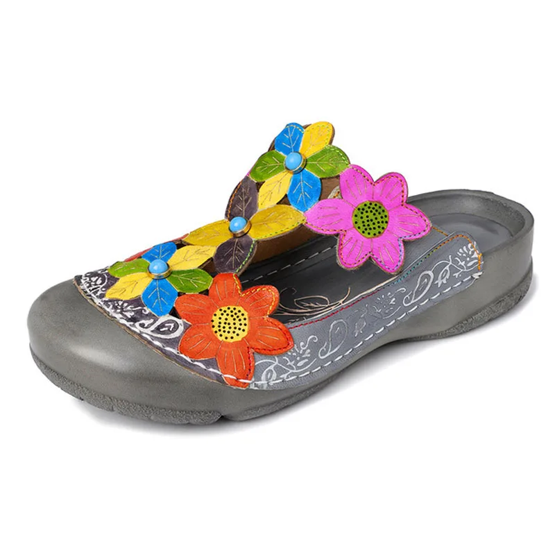 

Leather flower pattern retro flat hand handmade color leather round head super comfortable casual women's sandals
