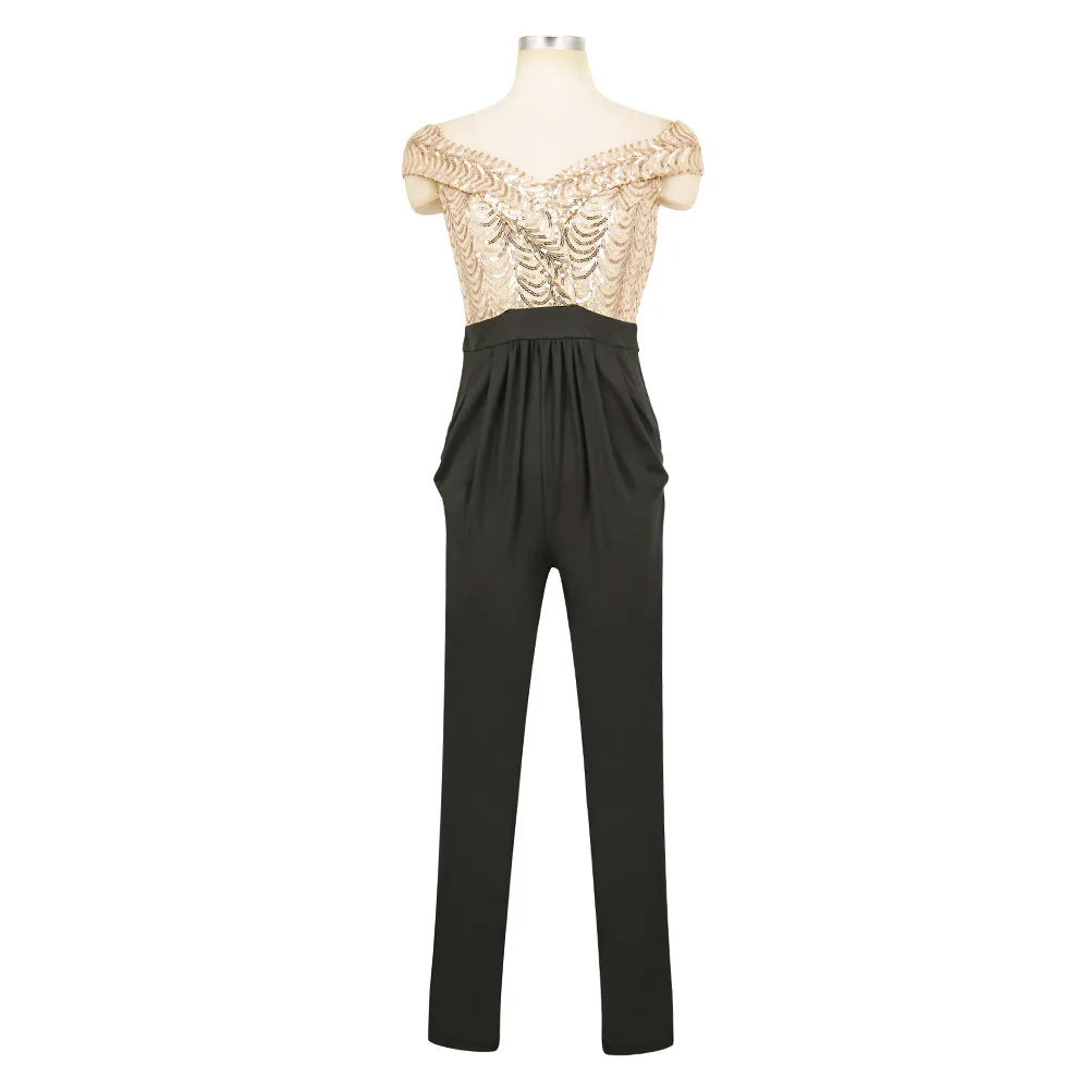 2019 New Arrivals Summer Gold Black Sexy Sequin Bodysuit Women Slash Neck Backless Feminino Sexy Overalls Party Jumpsuit