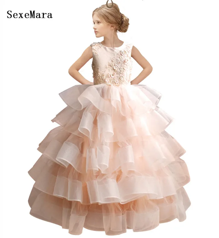 Baljurk Licht Champagne Meisjes Pageant Gown Puffy Gelaagde Tulle Zipper Back Lace Top Kids Bloem Meisje Jurk Verjaardag Gown Baljurk Licht Champagne Meisjes Pageant Gown Puffy Gelaagde Tulle Zipper Back Lace Top Kids Bloem Meisje Jurk Verjaardag Gown