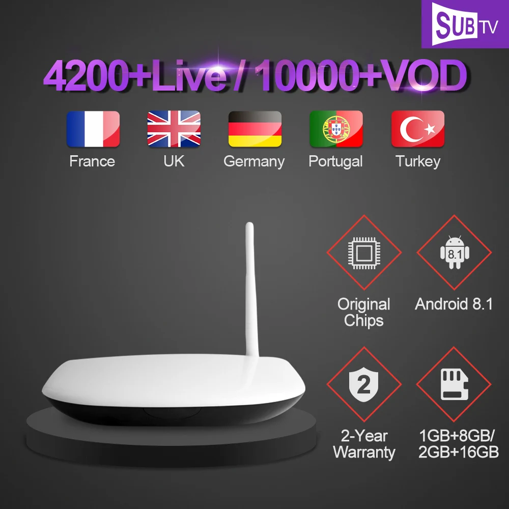 IPTV 1 Year France SUBTV Code Abonnement 4200 Live Android 8.1 Smart TV Box RK3229 IPTV Europe Portugal French Arabic IPTV Box