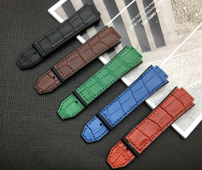 

Black Red Green Brown Blue Cow Leather Rubber watch band 25*17mm For Hublot strap for Big Bang Watchband logo stainless buckle