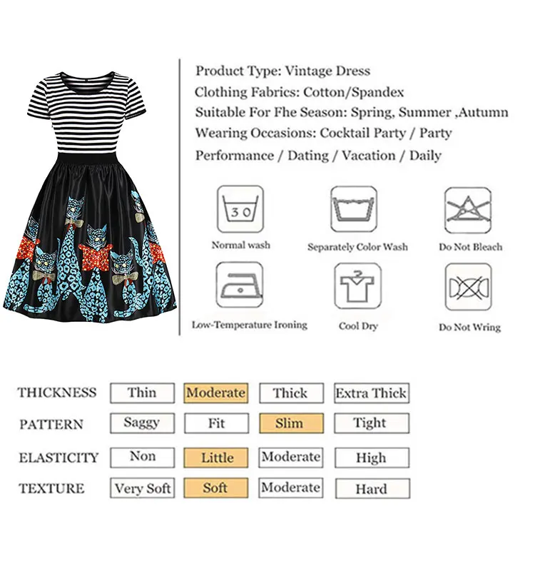 Mature Umbrella Plus Size Cat Print Halloween Women High Waist Cotton Retro Rockabilly Patchwork Stripe Vintage Party Dresses