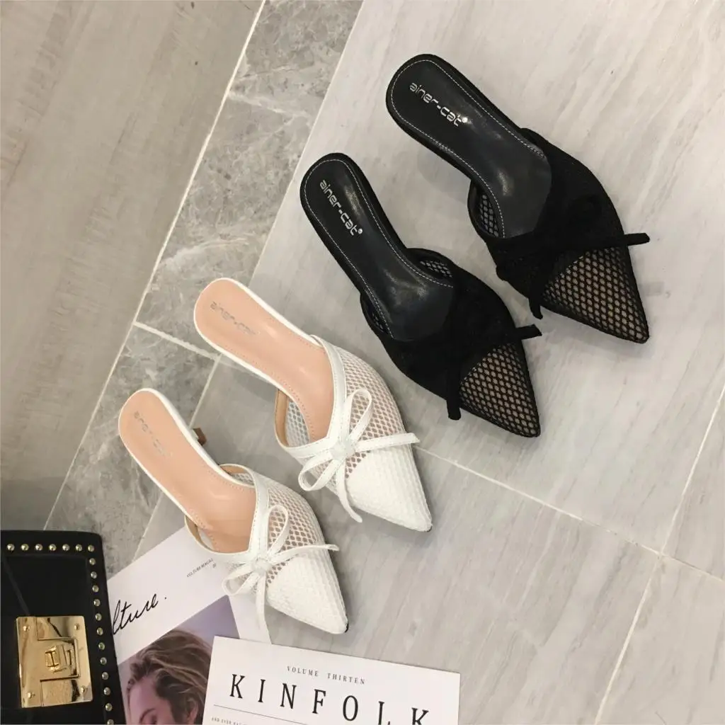 

Shoes Woman High Heels Slippers 2019 Summer Hollow Out Bowtie Pointed Toe Thin Heels Mesh Sexy Pumps Ladies Party Office Shoe5CM