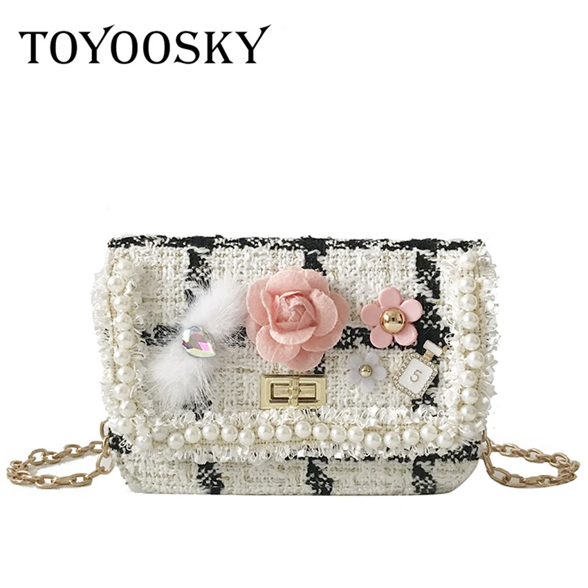 

TOYOOSKY High Quality Designer Wool Patchwork Women Messenger Bag Ladies Pearl Chain Crossbody Clutch Quilted Linen Shoulder Bag