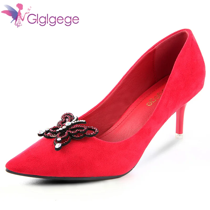 

Glglgege New OL Office Lady Shoes Faux Suede High Heels Woman Shoes Pointed ToeButterfly Diamond Pumps Women Boat Zapatos Mujer