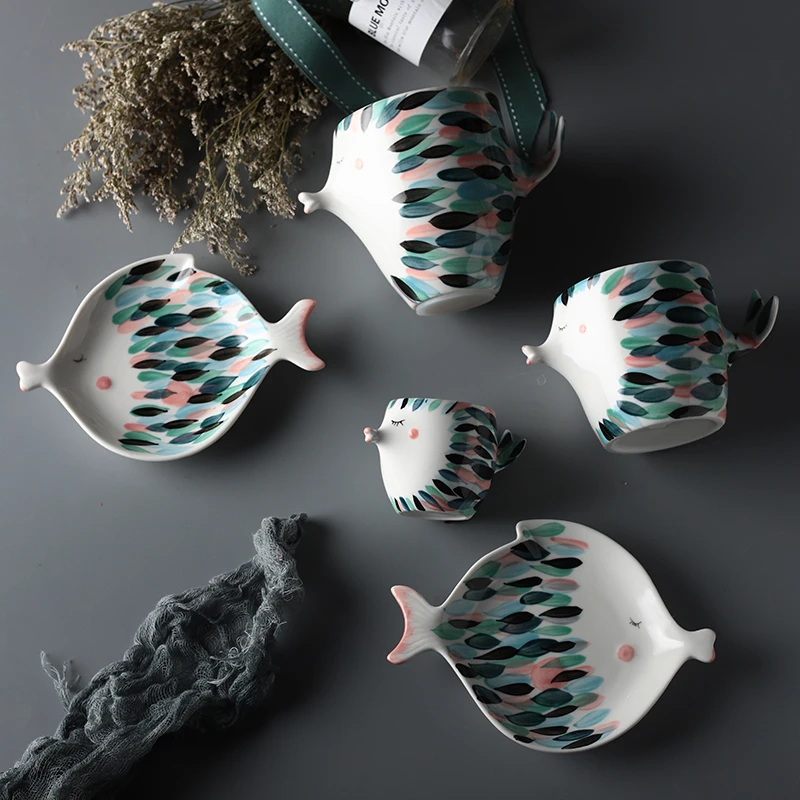 

Fish Shape Ceramic Cup And Saucer Dinner Dessert Plate Steak Dish Coffee Set Porcelain Teacup Couple Gift Double Wall Mug 1pc