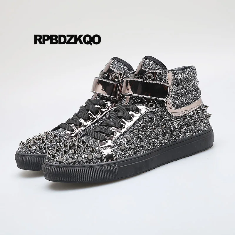

Skate Metal Casual Elevator Hip Hop Winter Sneakers Spike Black Glitter Shoes Stud Rubber Rivet Dandelion High Top Men Trainers