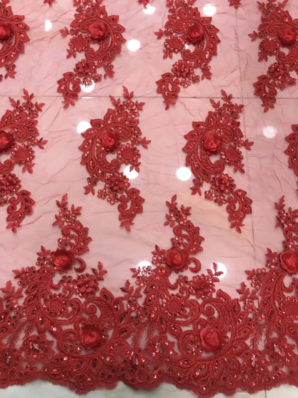 

red Latest French Lace Fabric Flower Applique High Quality African Bridal Lace Fabric For Nigerian Lace Evening Dresses