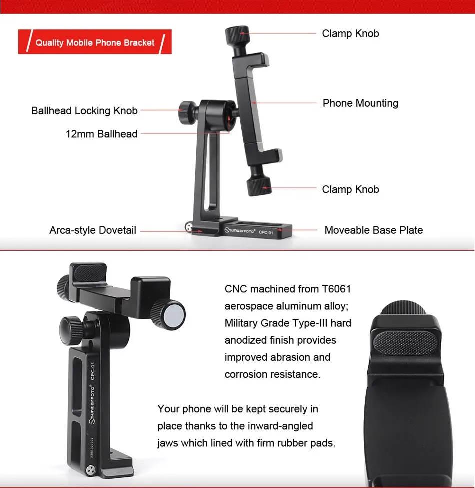 SUNWAYFOTO CPC-01 Аксессуары для мобильных телефонов профессиональный стол и подставка Профессиональный штатив шаровая Головка держатель для телефона кронштейн