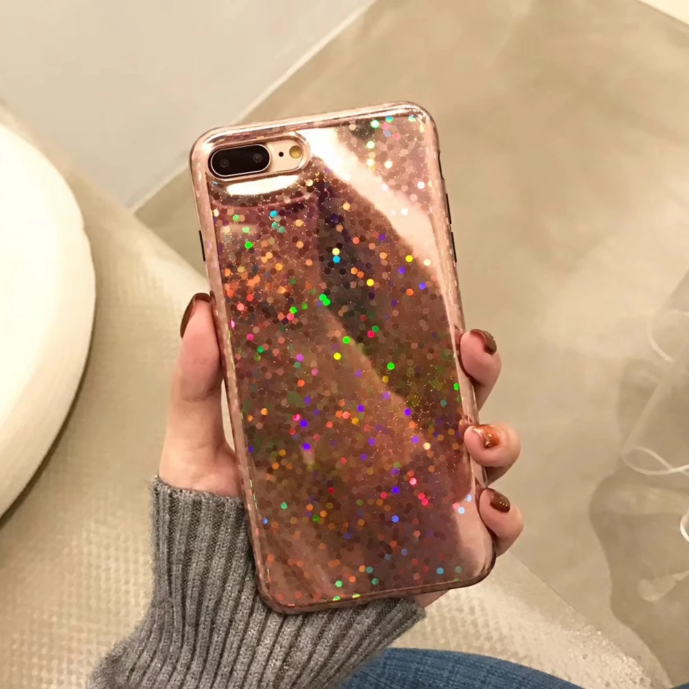Розовый Золотой лазерный чехол для телефона с блестками iphone X 10 8 Plus Блестящий