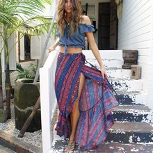 Стильные богемные пляжные юбки с принтом раздельные юбки новые женские юбки boho сексуальные юбки длиной до щиколотки праздничные плиссированные юбки