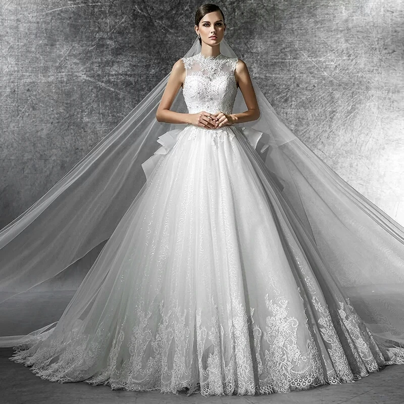 

Sans manches Robe de mariee Luxury A-Line wedding dress Court Train Sleeveless Lace bridal dress vestido de noiva Tailored