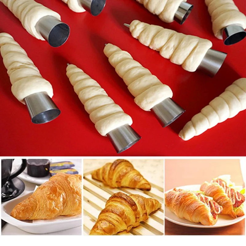 

12pcs Conical Tube Cone Roll Moulds Stainless Steel Spiral Croissants Molds Pastry Cream Horn Cake Bread Mold Baking Pastry Tool