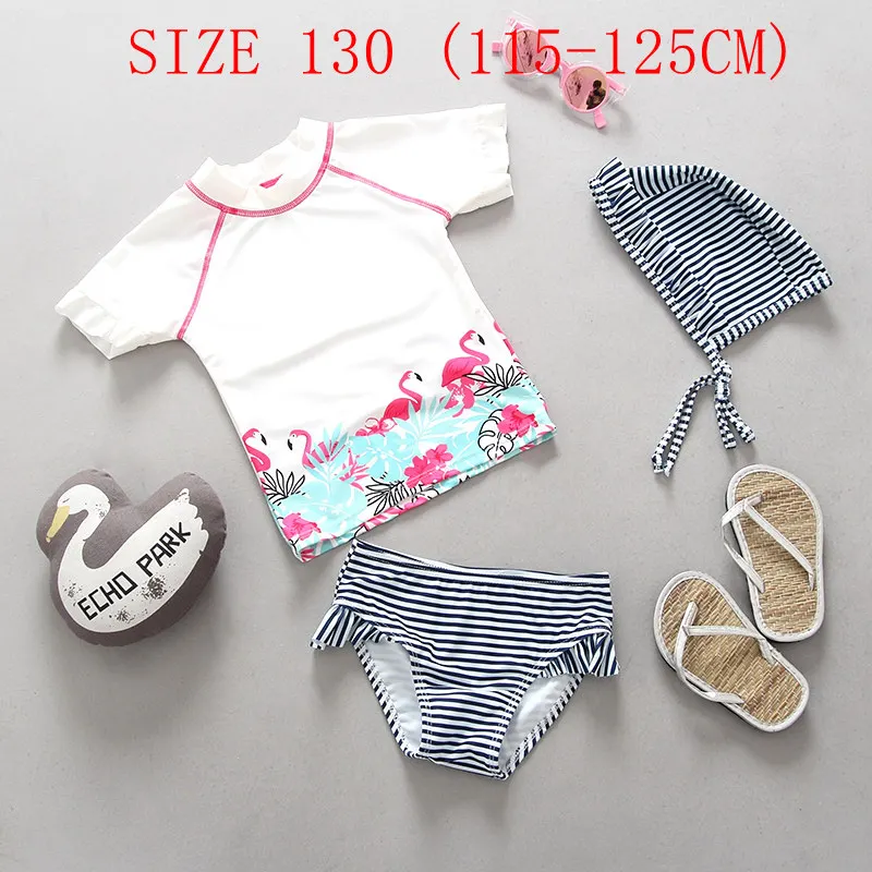 Одежда для купания для маленьких девочек с изображением фламинго; купальный костюм из 2 предметов; купальные костюмы; купальный костюм в белую полоску для маленьких девочек; От 0 до 6 лет - Цвет: SIZE 130 (115-125CM)